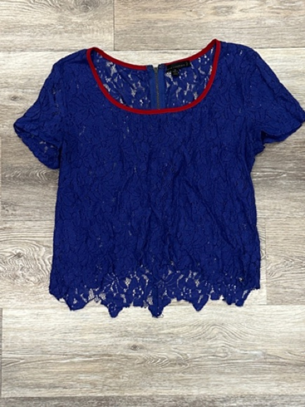 Lucca Couture Royal Blue Lace Short Sleeve Top with Red Trim